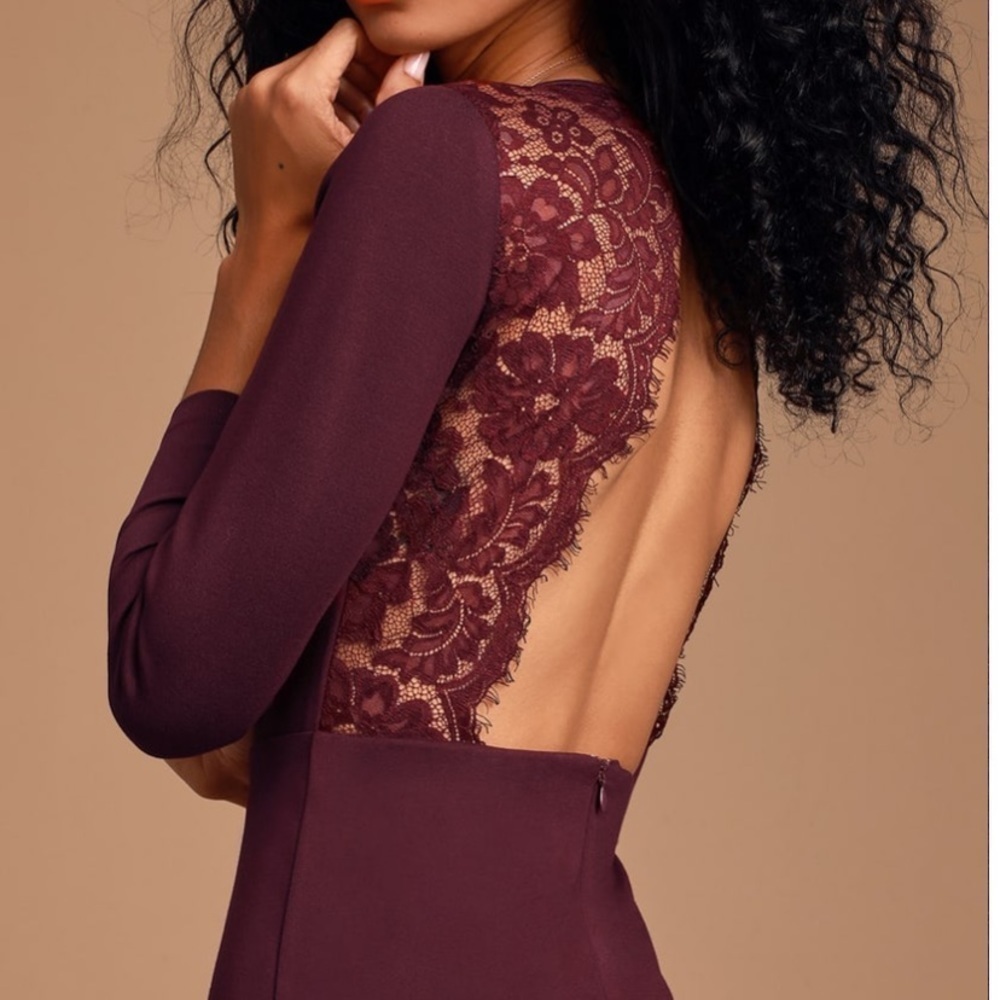𝅺NWT LULUS Love Language Plum Lace Backless Dress M - Picture 2 of 11